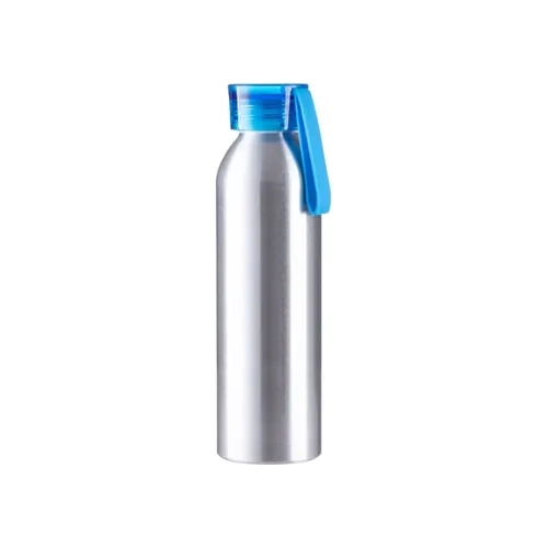 Sportowy bidon aluminiowy 650 ml srebrny z niebieską zakrętką i paskiem do sublimacji