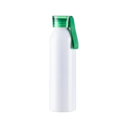Sportowy bidon aluminiowy 650 ml biały z zieloną zakrętką i paskiem do sublimacji