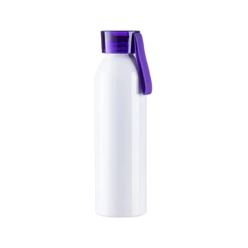 Sportowy bidon aluminiowy 750 ml biały z fioletową zakrętką i paskiem do sublimacji