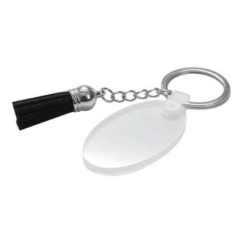 Akrylowy brelok do sublimacji - owal z czarnymi frędzlami