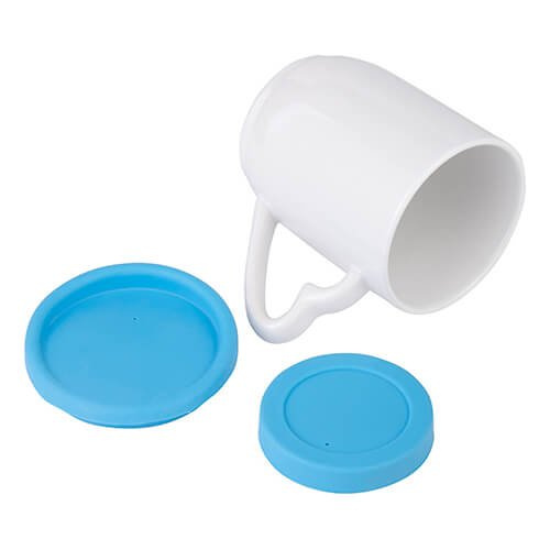 Kubek 360 ml do sublimacji z błękitną silikonową pokrywką i podstawką