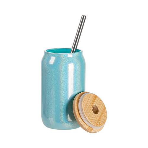 Szklanka 400 ml ze słomką i bambusową pokrywką do sublimacji - błękitny brokat