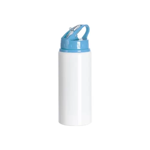 Bidon aluminiowy z ustnikiem 600 ml biały z jasnoniebieską zakrętką i uchwytem do sublimacji
