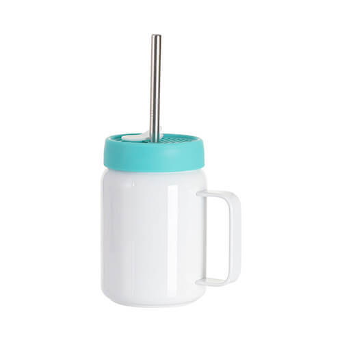 Kubek stalowy 480 ml z rączka i zieloną silikonową pokrywką do sublimacji