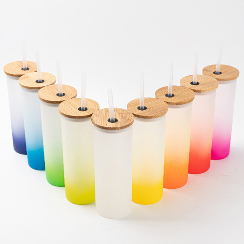 Kubek 500 ml szroniony z bambusową pokrywka i słomką do sublimacji - żółty gradient