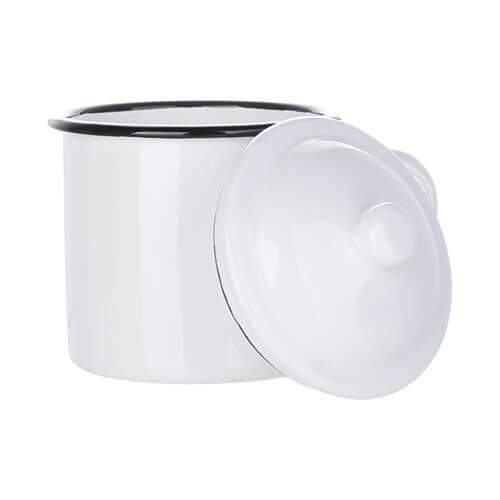 Kubek metalowy emaliowany 700 ml z pokrywką do sublimacji - biały z czarnym rantem