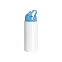 Bidon aluminiowy z ustnikiem 600 ml biały z jasnoniebieską zakrętką i uchwytem do sublimacji