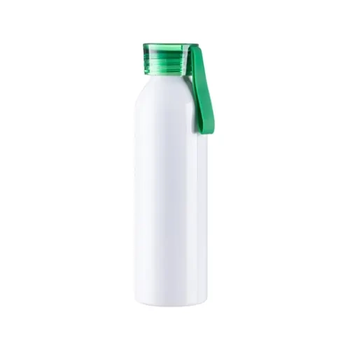 Sportowy bidon aluminiowy 650 ml biały z zieloną zakrętką i paskiem do sublimacji