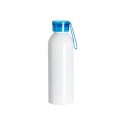 Sportowy bidon aluminiowy 750 ml biały z niebieską zakrętką i paskiem do sublimacji