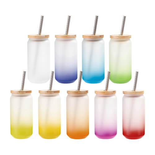 Szklanka 550 ml szroniona ze słomką i bambusową pokrywką do sublimacji - fioletowy gradient