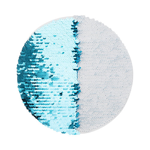 Dwukolorowe cekiny do sublimacji i aplikacji na tekstyliach - błękitne kółko Ø 19 na białym podkładzie