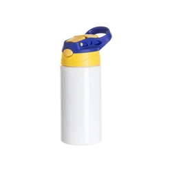Bidon aluminiowy 500 ml biały z zółtą zakrętką i niebieskim uchwytem do sublimacji