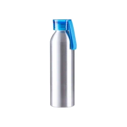 Sportowy bidon aluminiowy 650 ml srebrny z niebieską zakrętką i paskiem do sublimacji