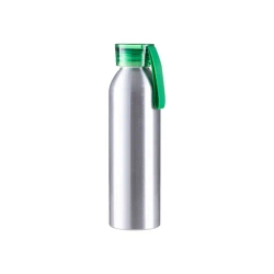 Sportowy bidon aluminiowy 650 ml srebrny z zieloną zakrętką i paskiem do sublimacji