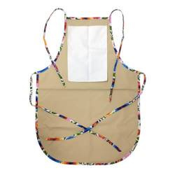 Fartuch kuchenny zaokrąglony z kieszonką do nadruku - beżowy z kolorową lamówką - białe słowiańskie kwiaty