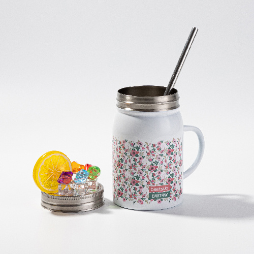 Kubek Mason Jar 500 ml ze słomką i rączką do sublimacji - biały, sztuczny lód i cytryna