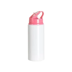 Bidon aluminiowy z ustnikiem 600 ml biały z różową zakrętką i uchwytem do sublimacji