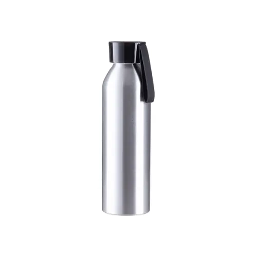Sportowy bidon aluminiowy 650 ml srebrny z czarną zakrętką i paskiem do sublimacji