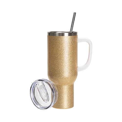 Brokatowy kubek ze stali nierdzewnej 1200 ml z pokrywką i słomką do sublimacji - złoty