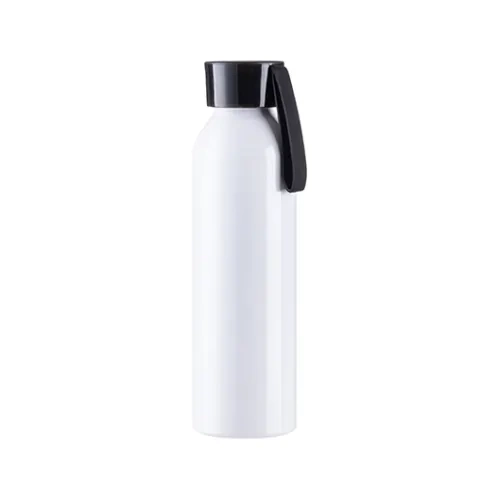 Sportowy bidon aluminiowy 650 ml biały z czarną zakrętką i paskiem do sublimacji