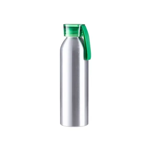 Sportowy bidon aluminiowy 650 ml srebrny z zieloną zakrętką i paskiem do sublimacji
