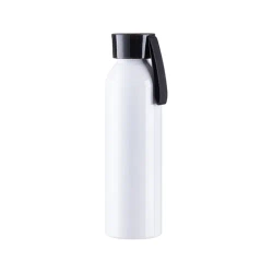 Sportowy bidon aluminiowy 650 ml biały z czarną zakrętką i paskiem do sublimacji
