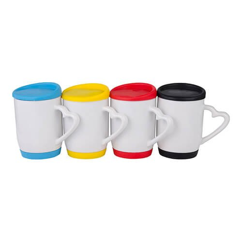 Kubek 360 ml do sublimacji z żółtą silikonową pokrywką i podstawką