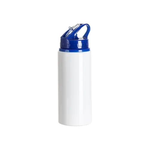 Bidon aluminiowy z ustnikiem 600 ml biały z niebieską zakrętką i uchwytem do sublimacji