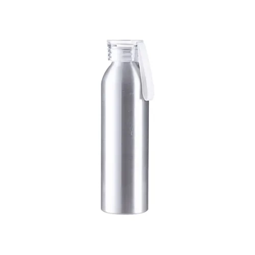 Sportowy bidon aluminiowy 650 ml srebrny z przezroczystą zakrętką i paskiem do sublimacji