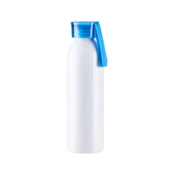 Sportowy bidon aluminiowy 650 ml biały z niebieską zakrętką i paskiem do sublimacji