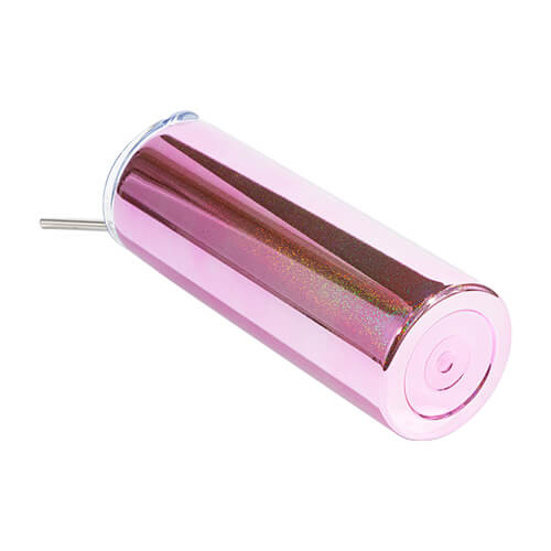 Kubek 600 ml ze słomką do sublimacji - metalizowany różowy z brokatem