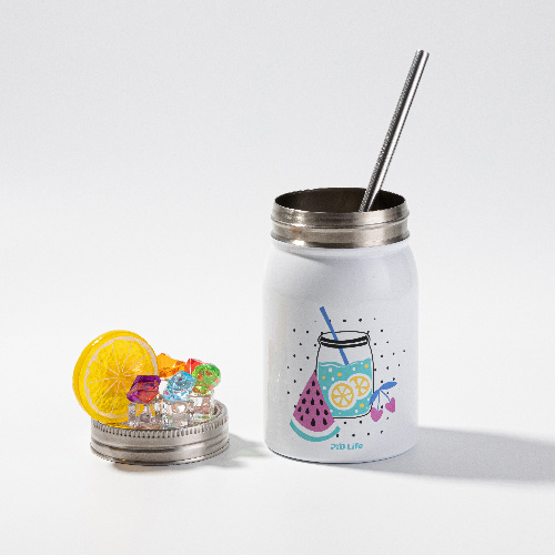 Kubek Mason Jar 500 ml ze słomką do sublimacji - biały, sztuczny lód i cytryna