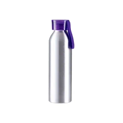 Sportowy bidon aluminiowy 650 ml srebrny z fioletową zakrętką i paskiem do sublimacji
