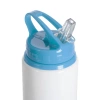 Bidon aluminiowy z ustnikiem 600 ml biały z jasnoniebieską zakrętką i uchwytem do sublimacji