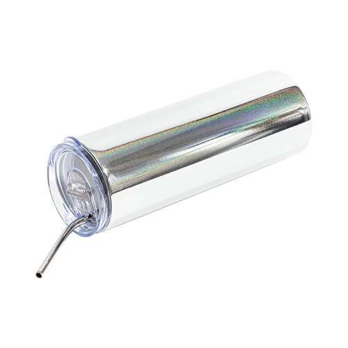 Kubek 600 ml ze słomką do sublimacji - metalizowany srebrny z brokatem