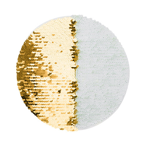 Dwukolorowe cekiny do sublimacji i aplikacji na tekstyliach - złote kółko Ø 19 na białym podkładzie