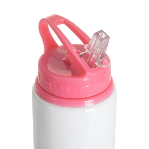 Bidon aluminiowy z ustnikiem 600 ml biały z różową zakrętką i uchwytem do sublimacji