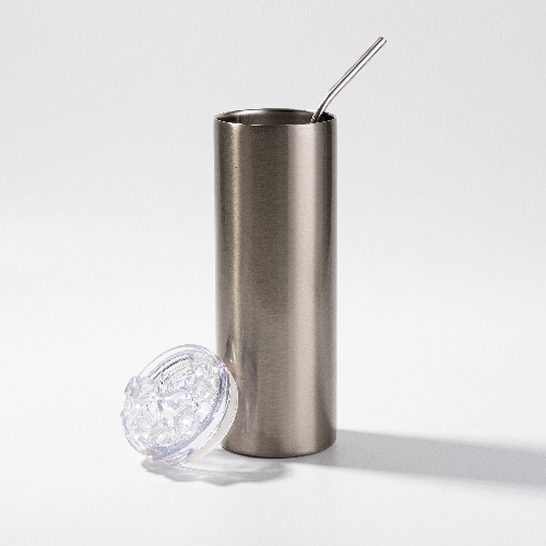 Kubek 600 ml ze słomką do sublimacji - srebrny, pokrywka ze sztucznym lodem