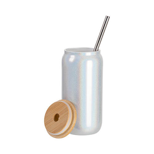 Szklanka 550 ml ze słomką i bambusową pokrywką do sublimacji - biały brokat