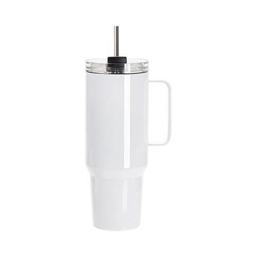 Kubek podróżny ze stali nierdzewnej 1200 ml z pokrywką z silikonową zatyczką i słomką do sublimacji - biały