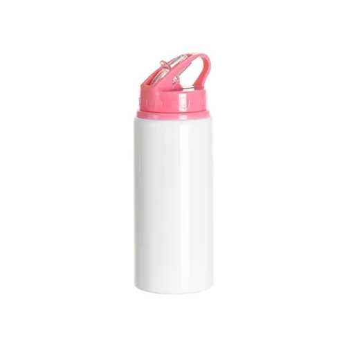 Bidon aluminiowy z ustnikiem 600 ml biały z różową zakrętką i uchwytem do sublimacji