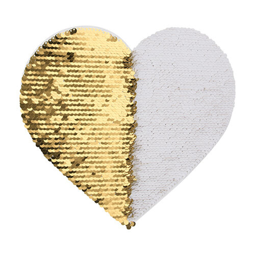 Dwukolorowe cekiny do sublimacji i aplikacji na tekstyliach - złote serce 22 x 19,5 cm na białym podkładzie