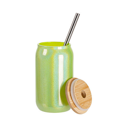 Szklanka 400 ml ze słomką i bambusową pokrywką do sublimacji - zielony brokat