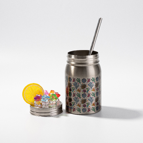 Kubek Mason Jar 500 ml ze słomką do sublimacji - srebrny, sztuczny lód i cytryna