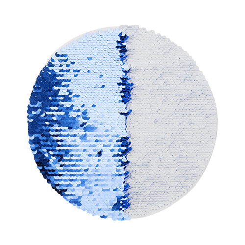 Dwukolorowe cekiny do sublimacji i aplikacji na tekstyliach - niebieskie kółko Ø 19 na białym podkładzie